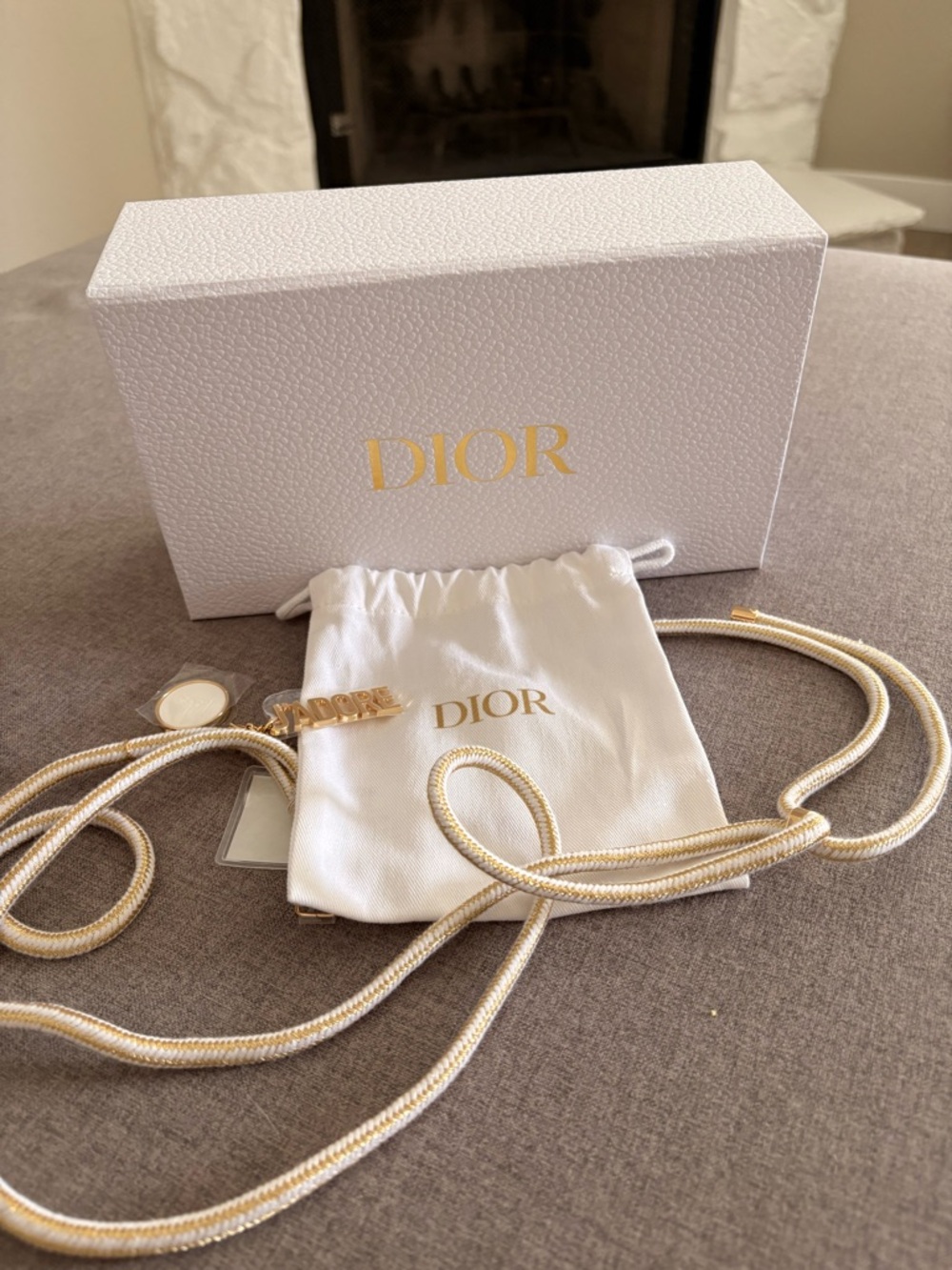 Dior White and Gold J'Adior Cord Phone Holder with Logo Charms